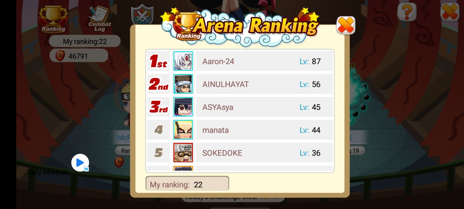 Leaderboard Arena Ninja Heroes