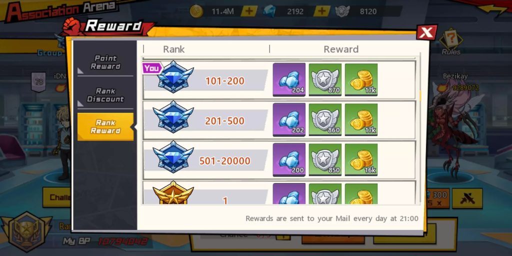 Reward Arena berdasarkan Rank
