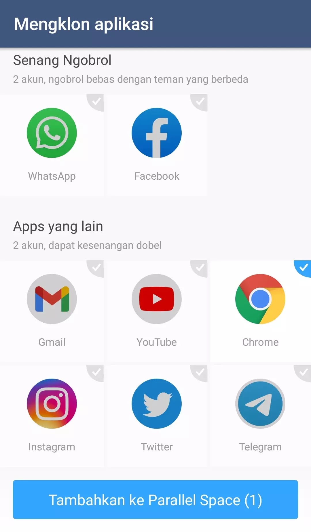 Buka aplikasi Parallel Space dan mulai mengcloning